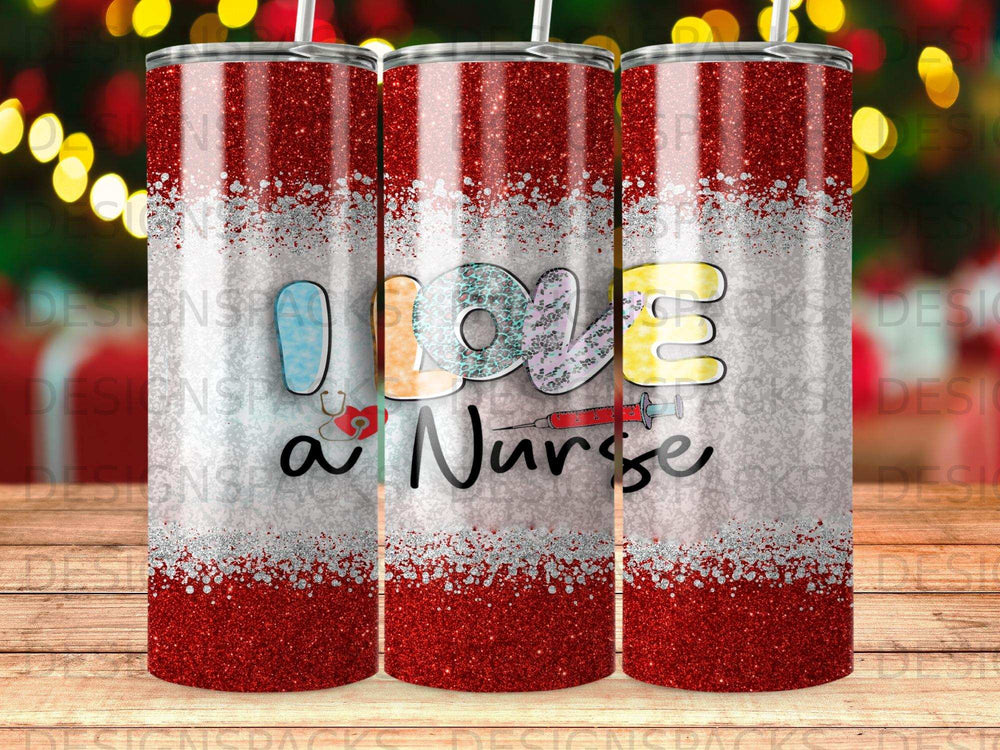 Glitter tumbler with "I love a nurse" text and stethoscope.