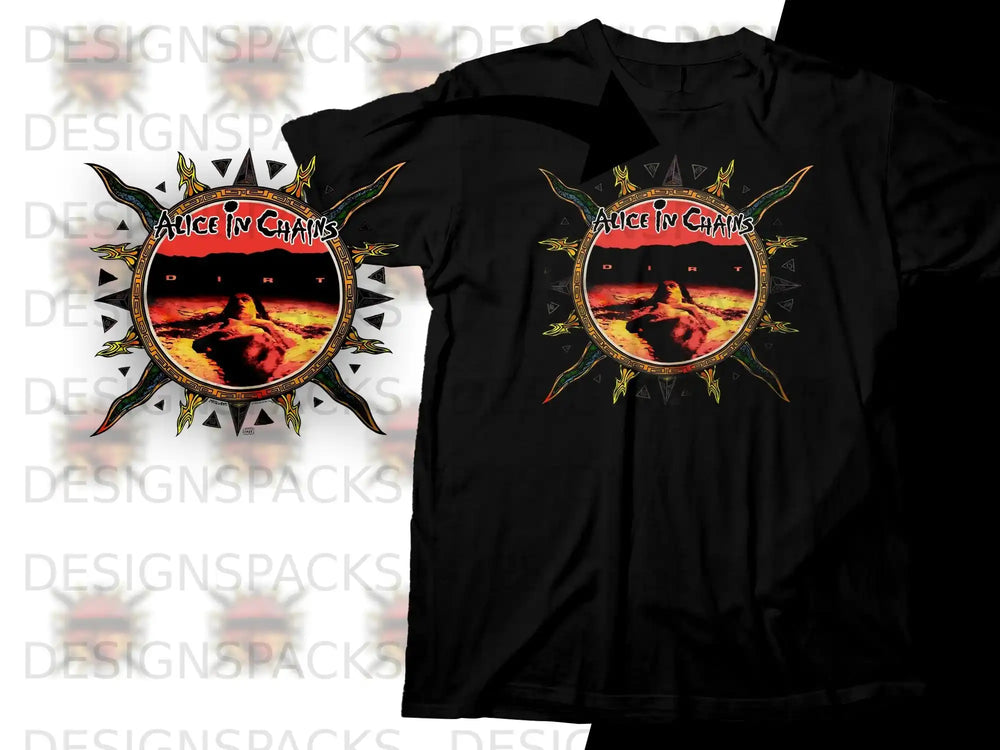 Alice in Chains t-shirt with circular, sun-like graphic and band logo.