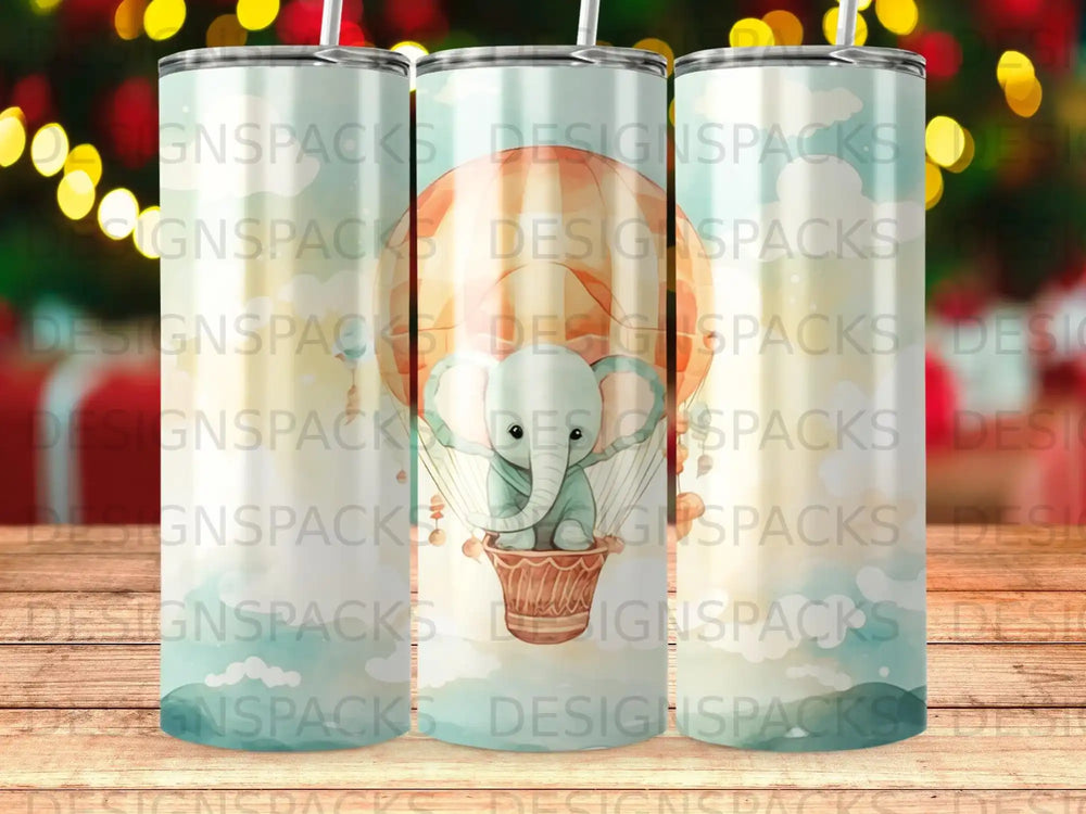 Elephant in hot air balloon with "DESIGNSPACKS" repeated across background.