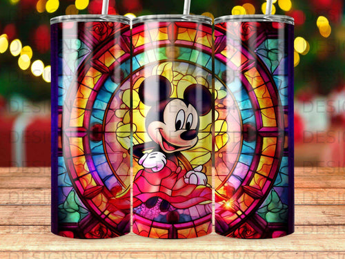 Mickey Mouse in stained glass design on a tumbler.