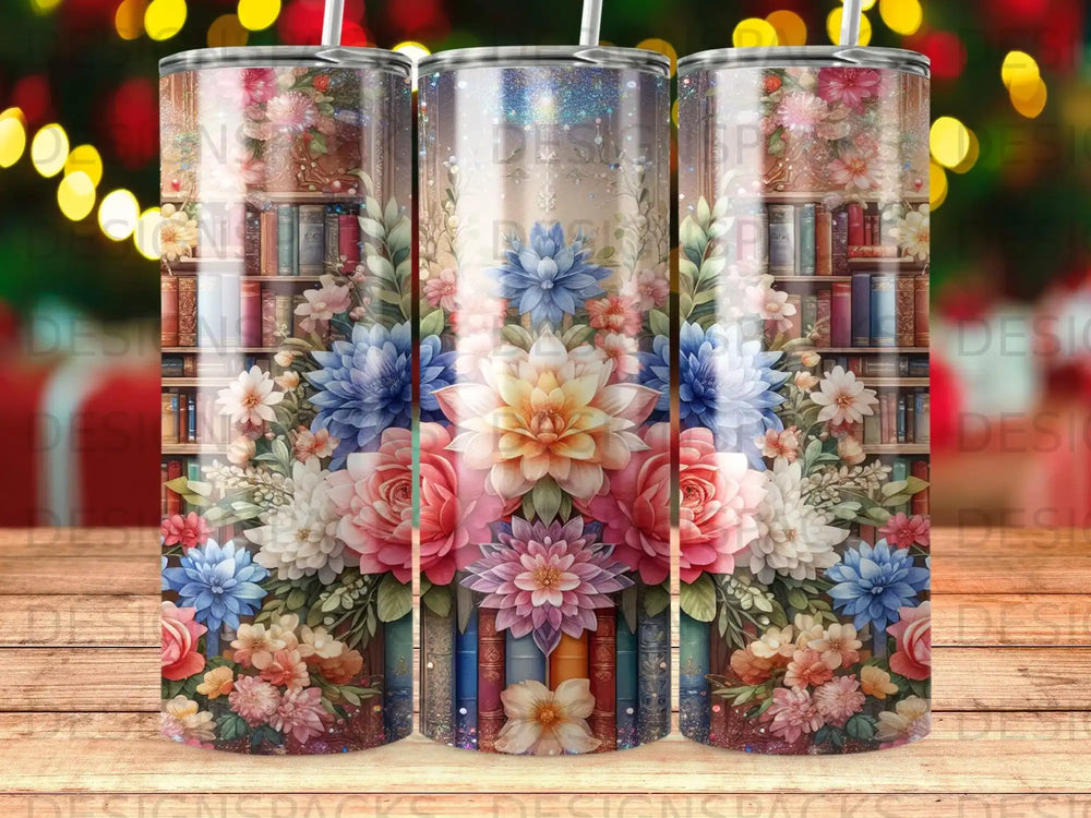 Floral arrangement with bookshelves and glitter overlay on a tumbler.