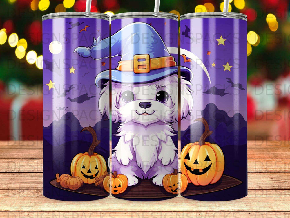 White dog wearing a witch hat with pumpkins and stars.