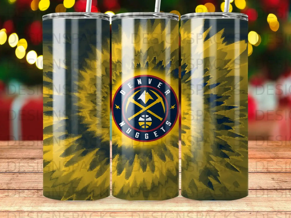 Denver Nuggets logo on a yellow and black tie-dye tumbler.