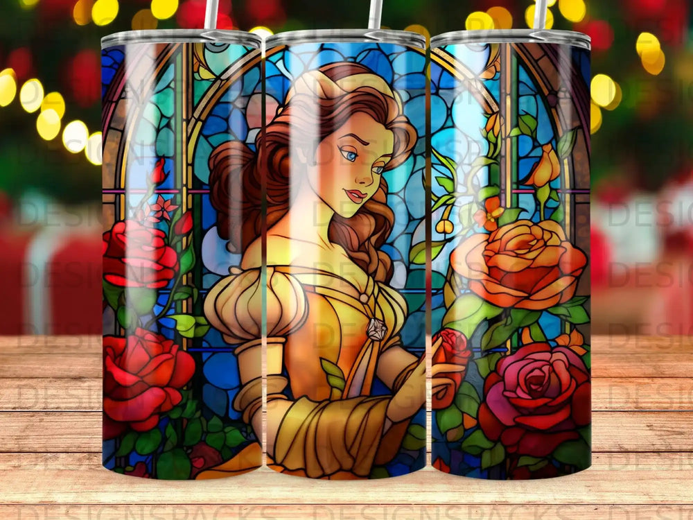 Belle from Beauty and the Beast with red roses against stained glass.