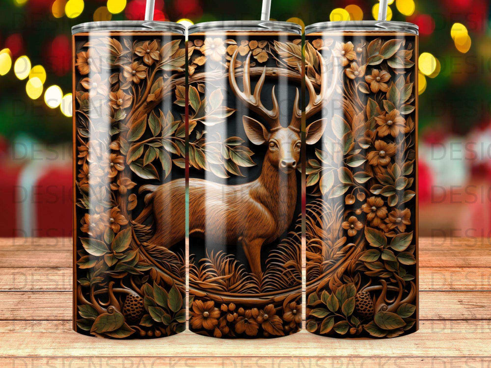 Deer in ornate floral frame, dark background, repeated pattern.