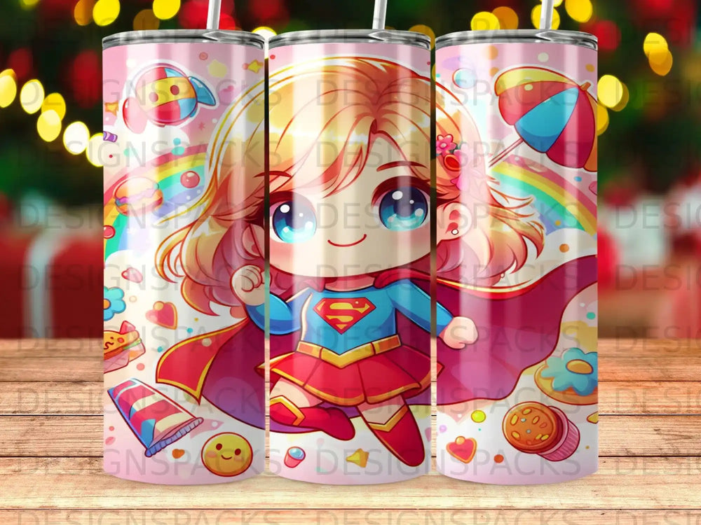 Chibi superhero girl with red cape, colorful sprinkles, and rainbow.