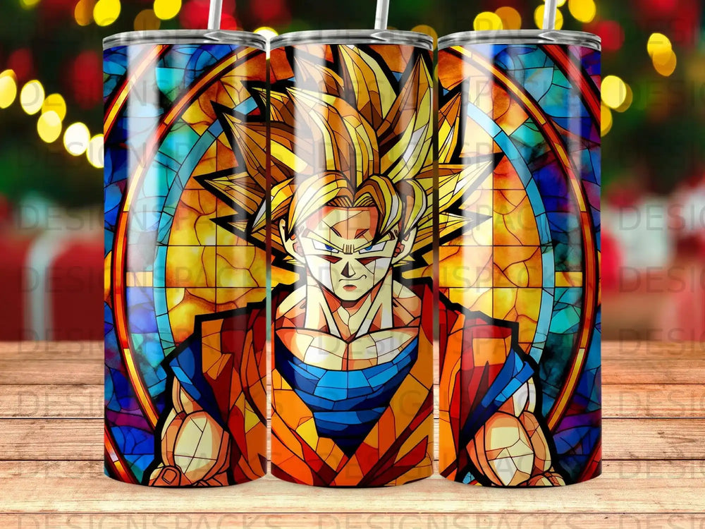 Goku from Dragon Ball Z in a stained glass art style on a tumbler.