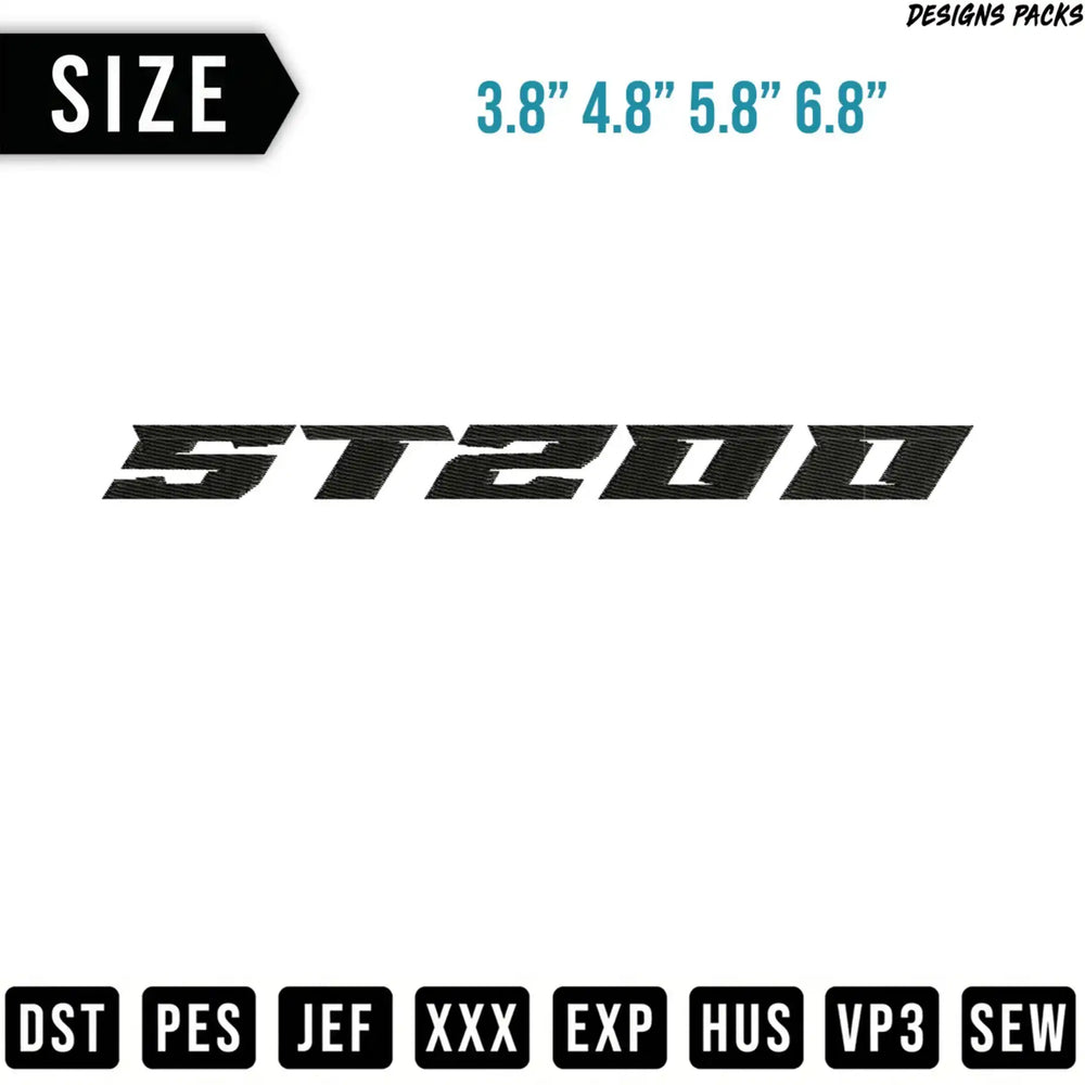 ST200 embroidery design sizes 3.8" to 6.8", file formats DST, PES, JEF, XXX, EXP, HUS, VP3, SEW.