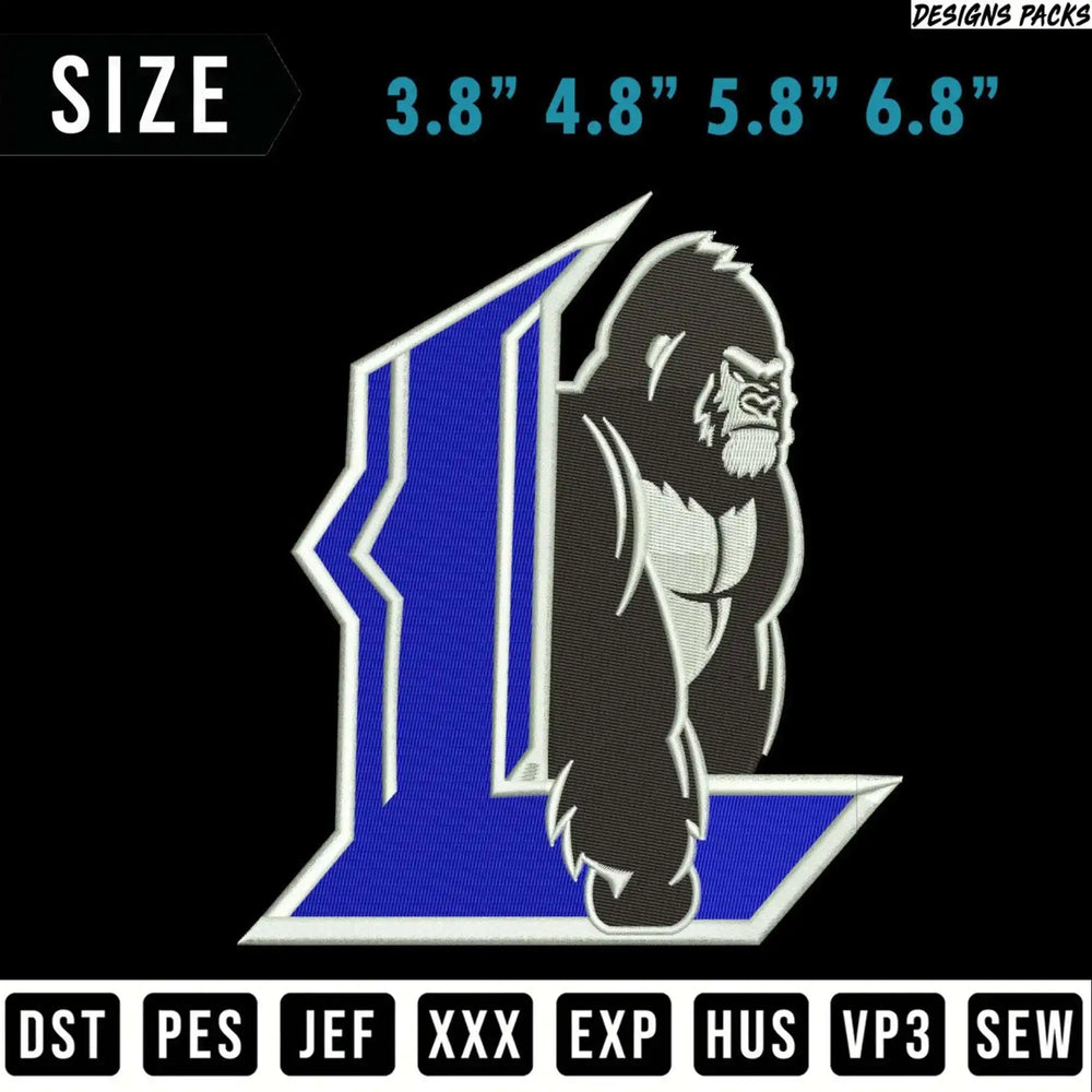 Gorilla silhouette on blue "L" logo, with size and file format text.