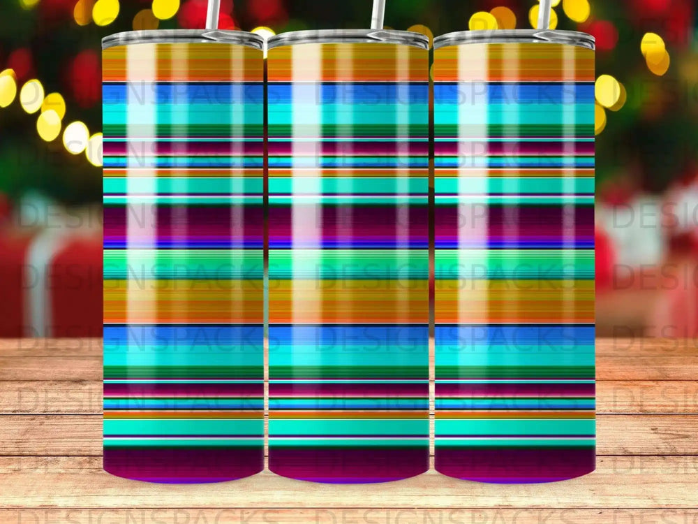 Three tumblers with a colorful horizontal striped pattern.