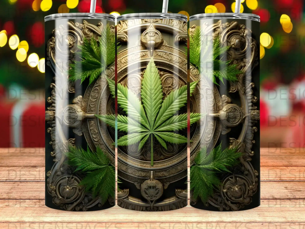 Tumbler with intricate gold detailing and a prominent green cannabis leaf.