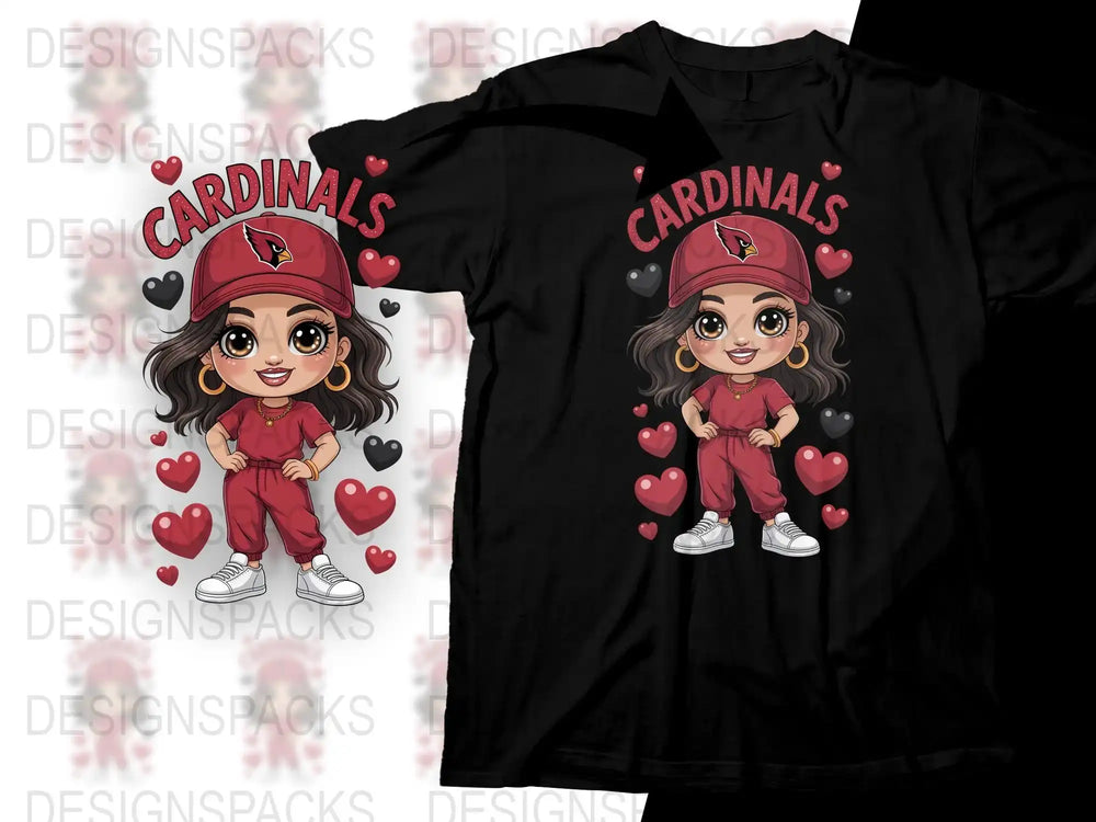 Cute Cardinals Fan T-Shirt, Cartoon Girl in Red Outfit, Hearts Graphic Tee, Sporty Casual Wear