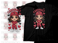 Cute Cardinals Fan T-Shirt, Cartoon Girl in Red Outfit, Hearts Graphic Tee, Sporty Casual Wear