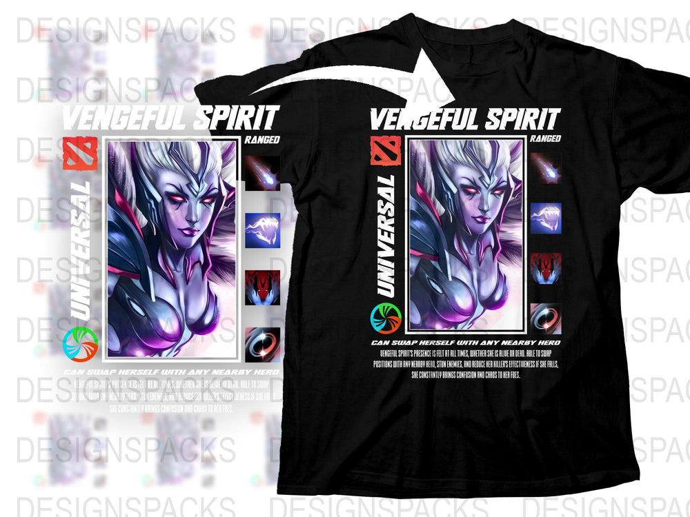Vengeful Spirit Graphic T-Shirt, Cool Gamer Tee, Stylish Unisex Black Shirt, Sci-Fi Character Design, Unique Gift for Gamers