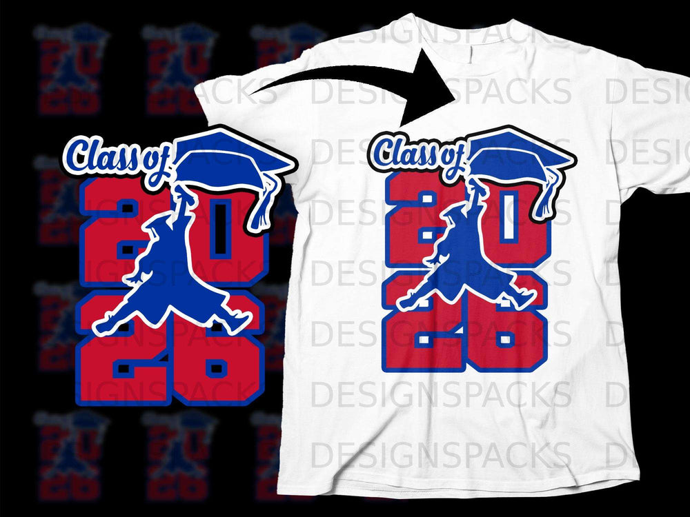 White t-shirt with "Class of 2026" graduation graphic in red, blue, and white.