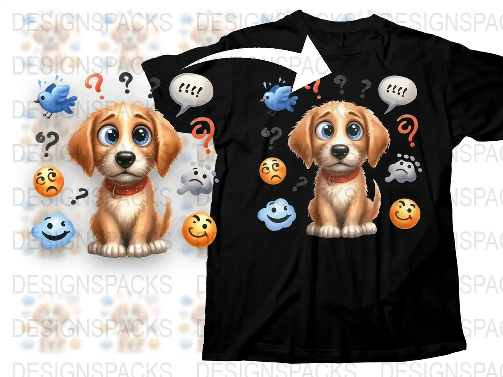 Cute Puppy T-Shirt, Cartoon Dog and Emojis Print, Kids and Adults Casual Wear