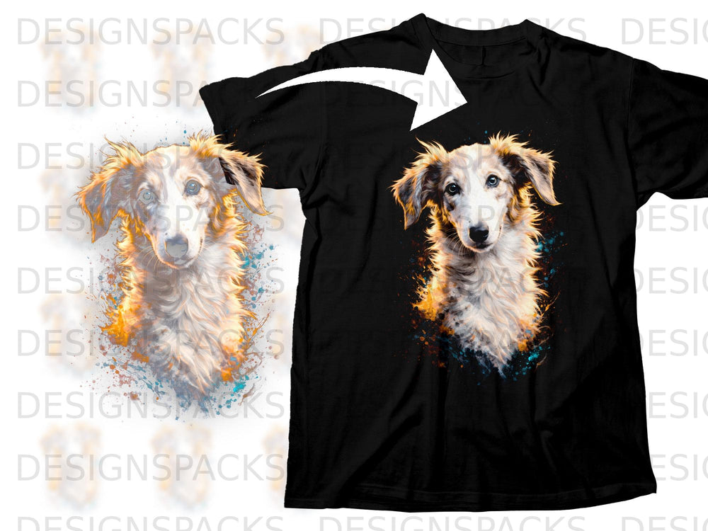 Black t-shirt with a watercolor art print of a dog's face.