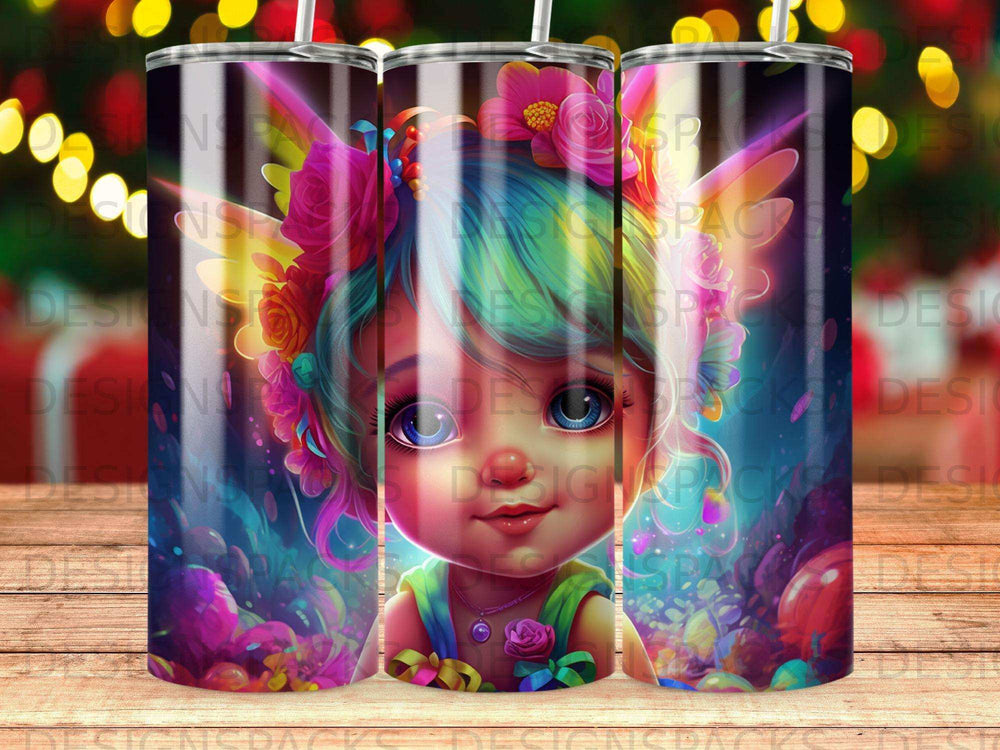 Dreamy fairy girl with colorful wings and flowers in hair, holding a heart.