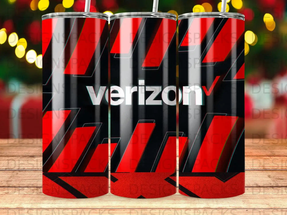 Verizon logo on a red and black striped tumbler.