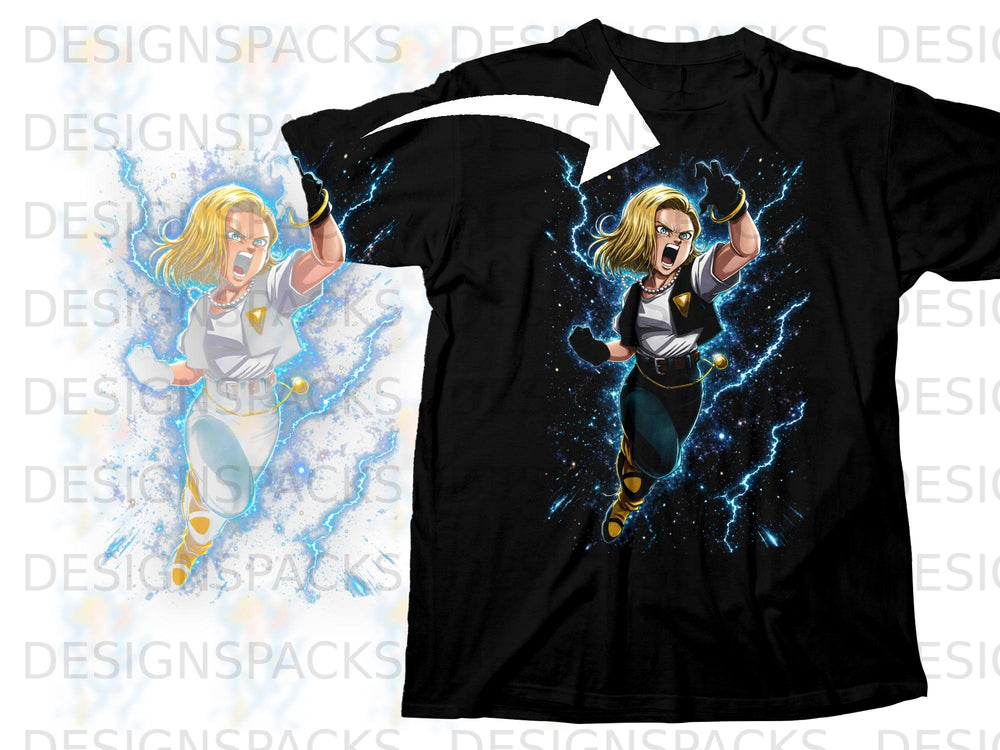 Black t-shirt with anime character Android 18 and electric energy effects.
