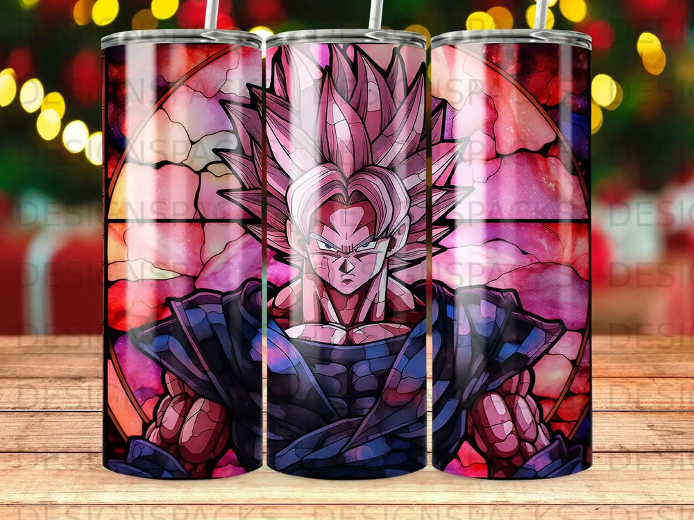 Dragon Ball Z character Goku in stained glass style on a tumbler.