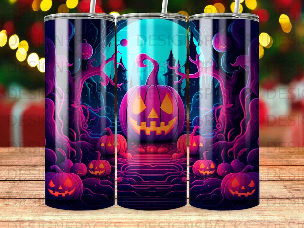 Halloween pumpkin jack-o'-lanterns in a dark forest with moon and glowing trees.