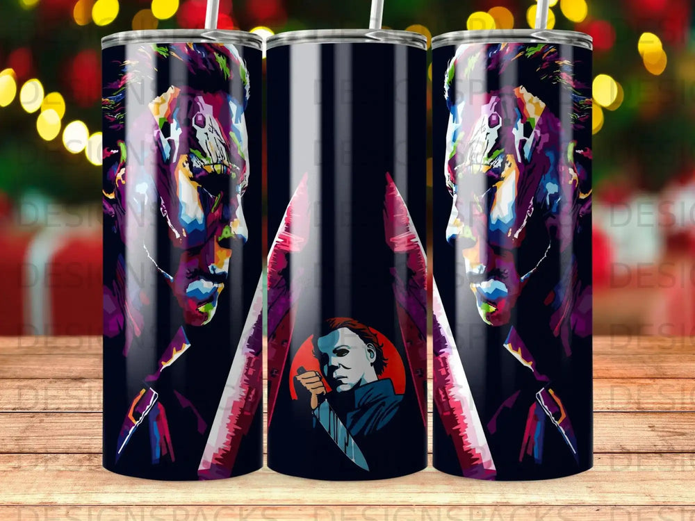 Michael Myers with knife on tumbler design with colorful abstract background.