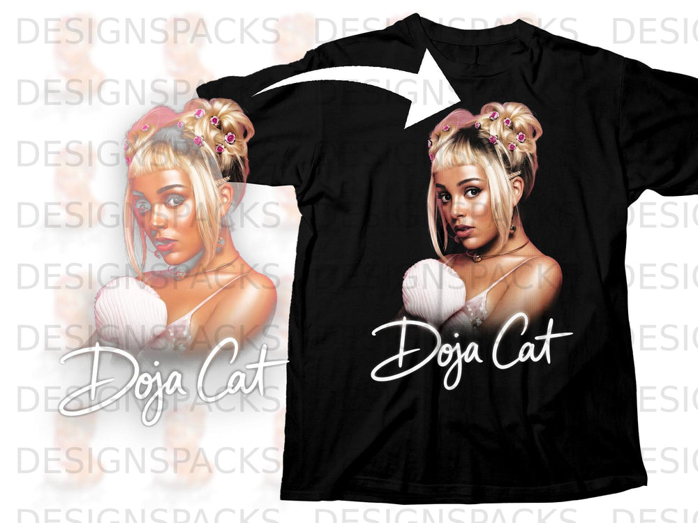 Black t-shirt with a Doja Cat graphic featuring the artist's portrait and name.