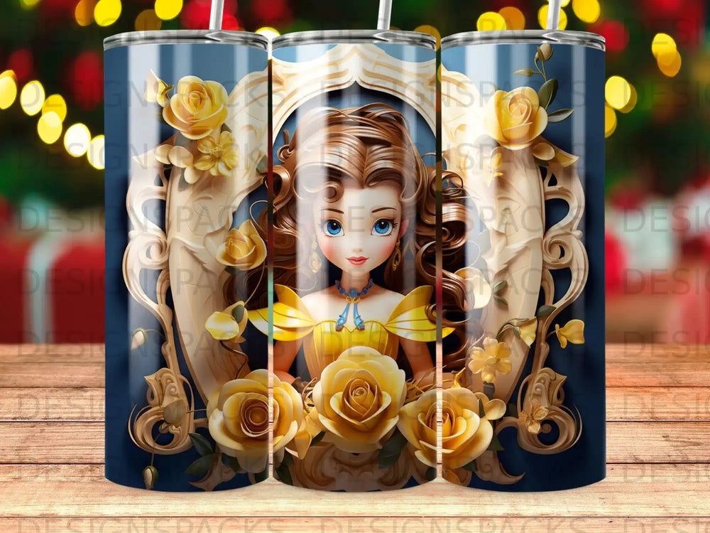 Belle in yellow dress surrounded by golden roses, ornate frame.