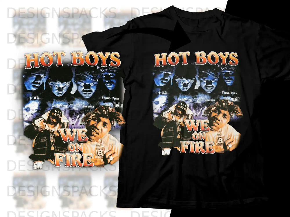 Hot Boys "We On Fire" album cover graphic on a black t-shirt.