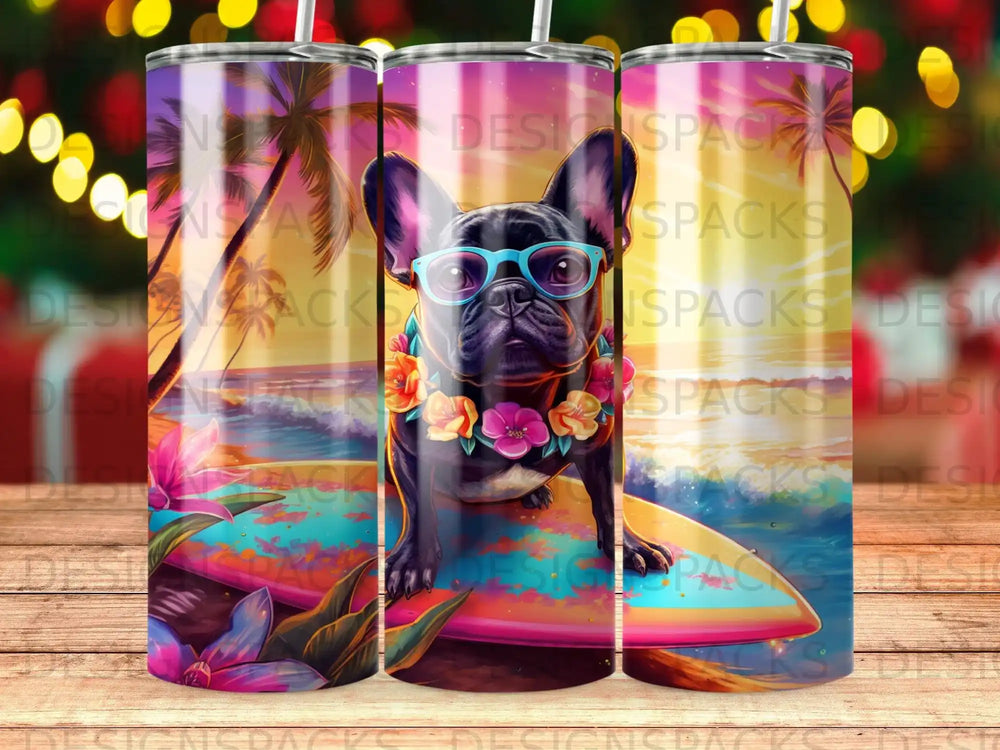 French bulldog wearing sunglasses and a lei on a surfboard.