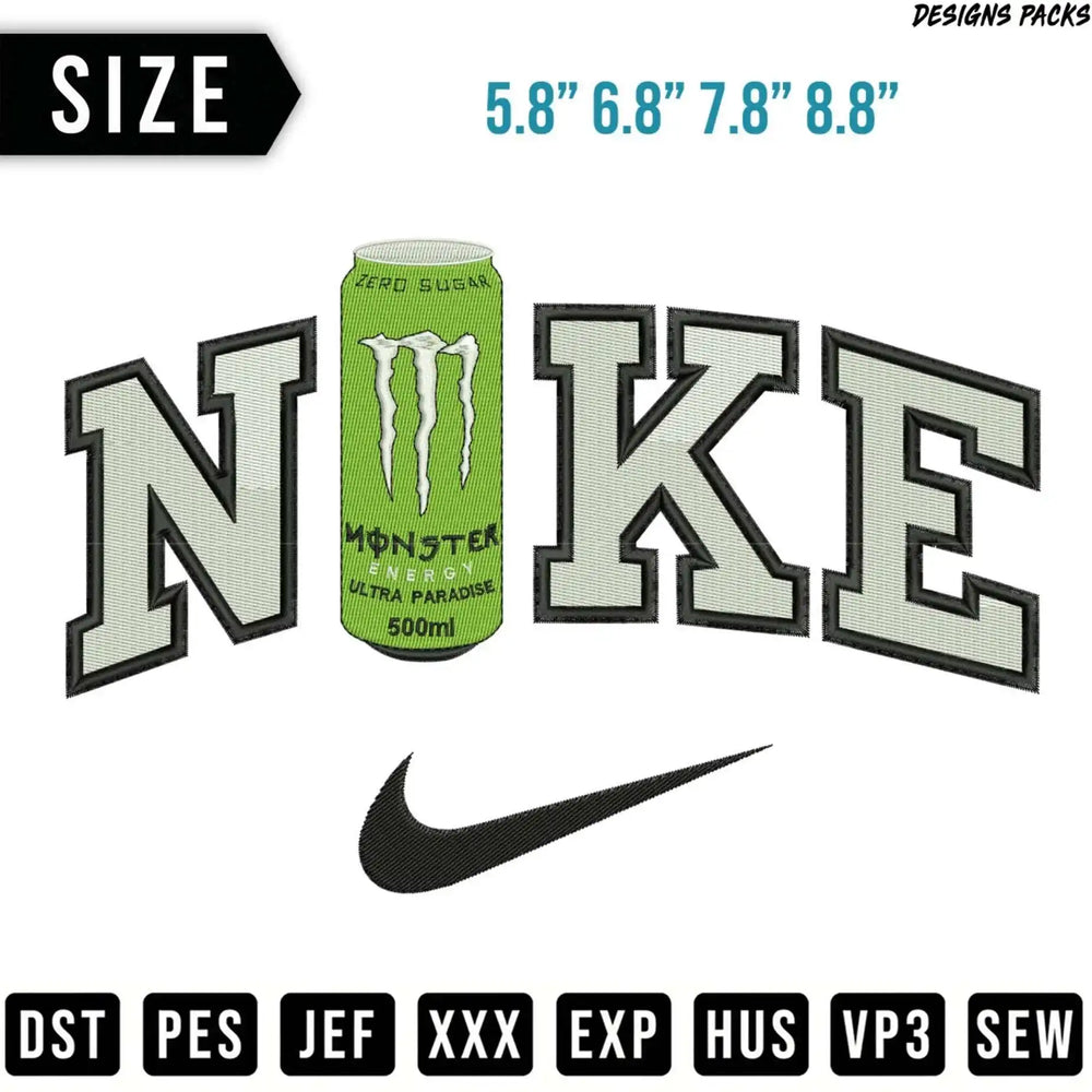 Nike logo with Monster Energy Ultra Paradise can and embroidery file formats.