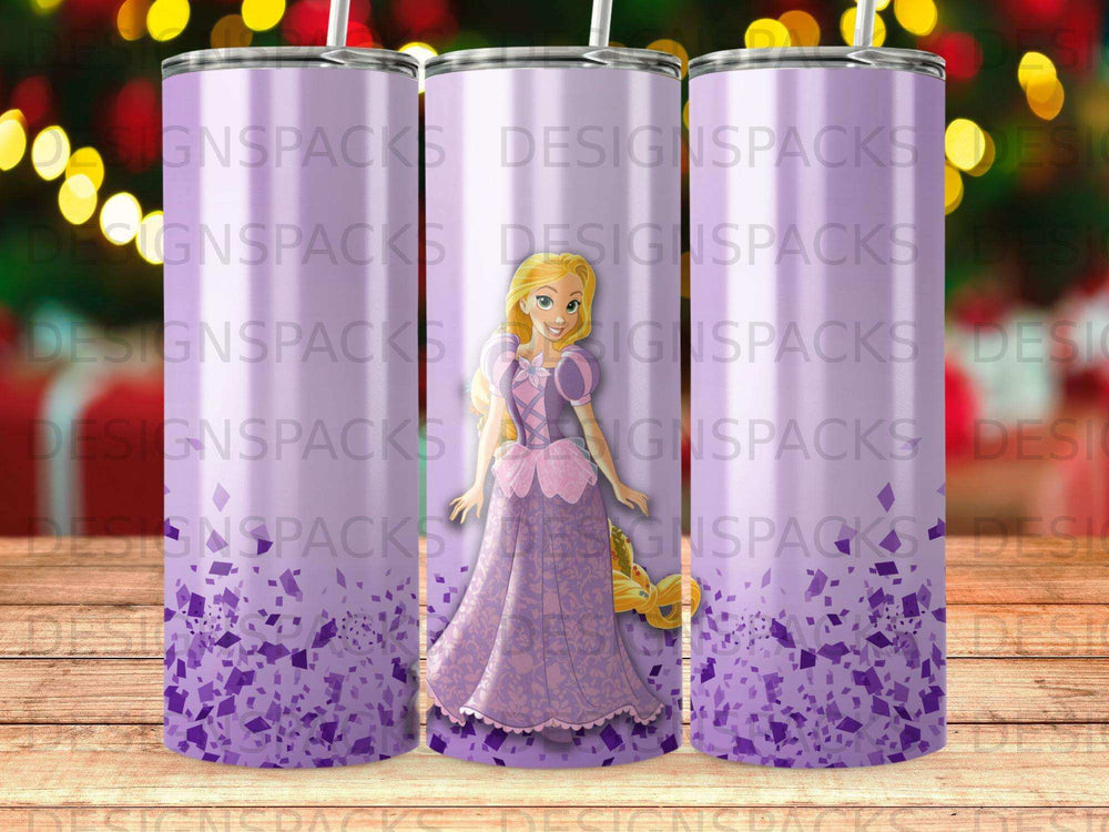 Tangled princess Rapunzel on purple glitter tumbler, "DESIGNSPACKS" text overlay.