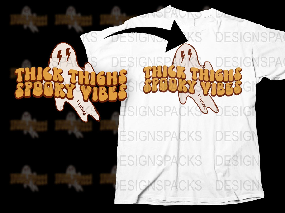 Thick Thighs Spooky Vibes T-Shirt, Halloween Ghost Graphic Tee, Unisex White Shirt