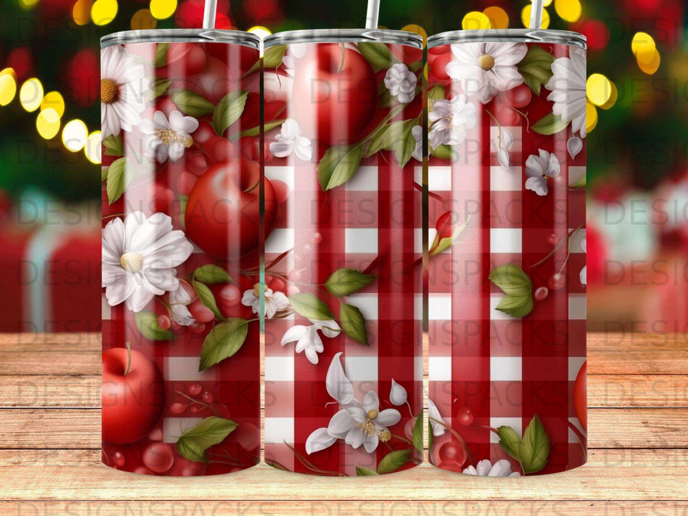 Red and white gingham tumbler with apples, white flowers, and berries.