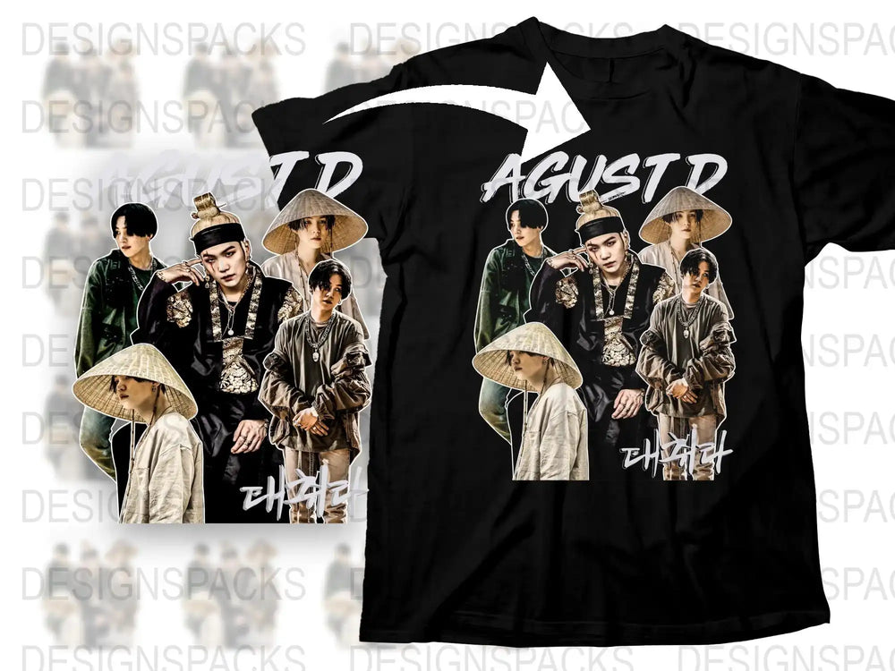 Agust D Inspired T-Shirt, K-Pop Fashion, Suga BTS Fan Merch, Unisex Black Tee with Multiple Poses Print