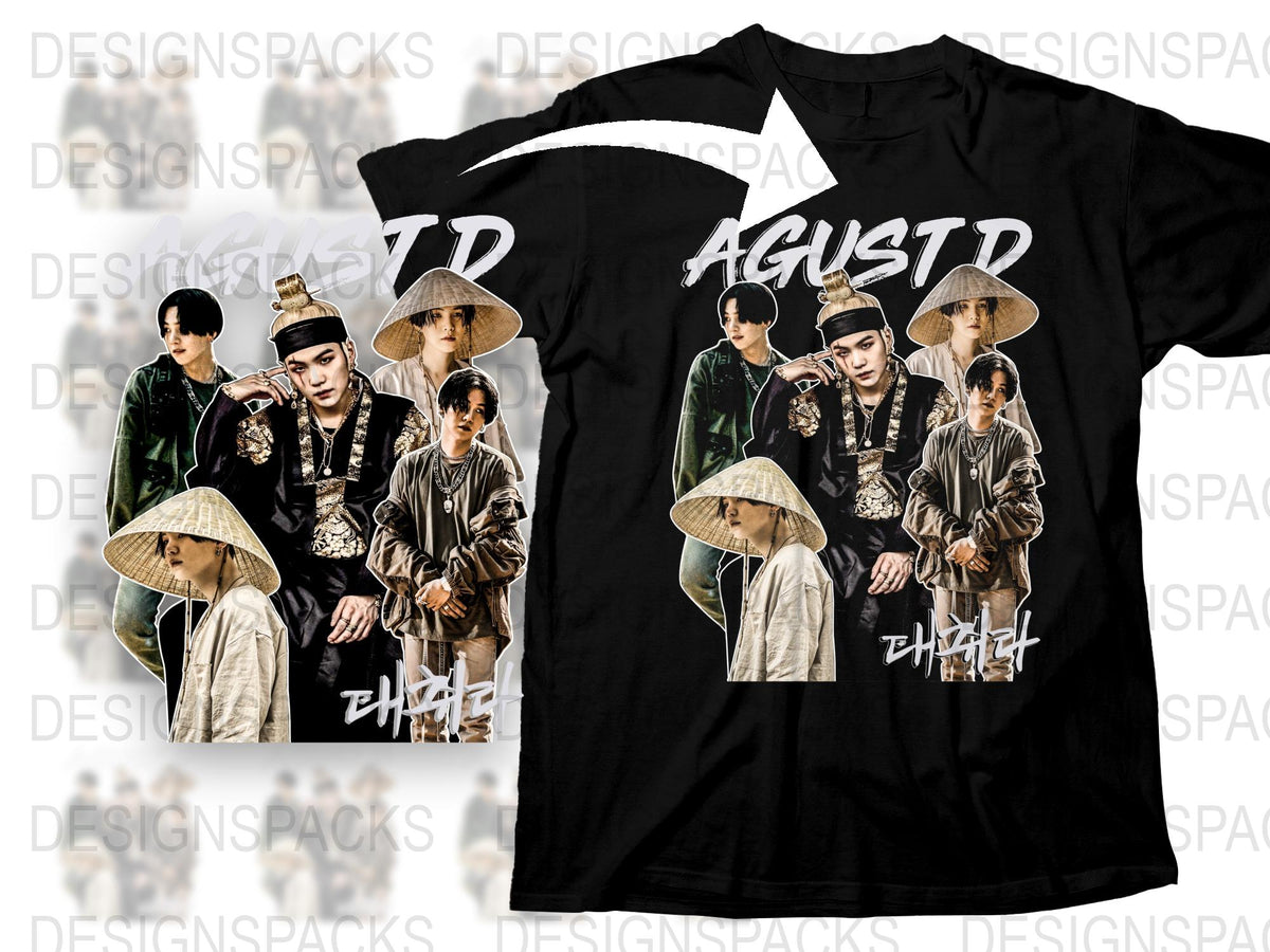 Agust D Inspired T-Shirt, K-Pop Fashion, Suga BTS Fan Merch, Unisex Black Tee with Multiple Poses Print