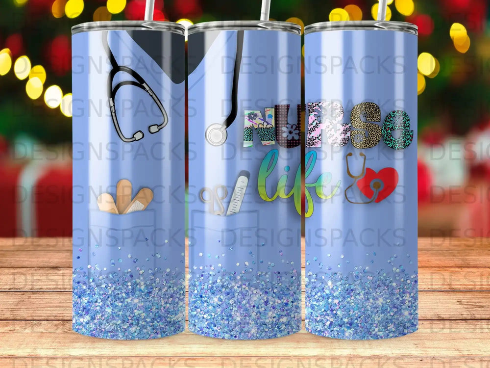 Tumbler with stethoscope, heart, and "NURSE LIFE" text on blue glitter background.