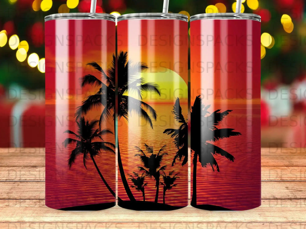 Sunset scene with palm trees on a skinny tumbler.