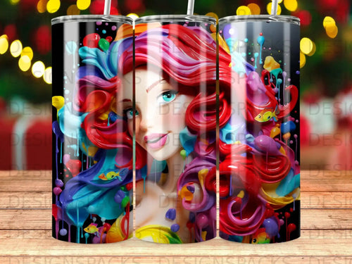 Ariel with colorful flowing hair and fish, on a black background with bokeh lights.