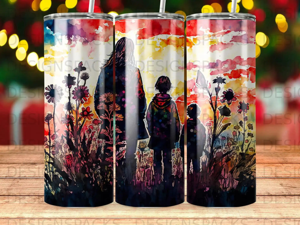Silhouetted family in a colorful, abstract floral landscape.