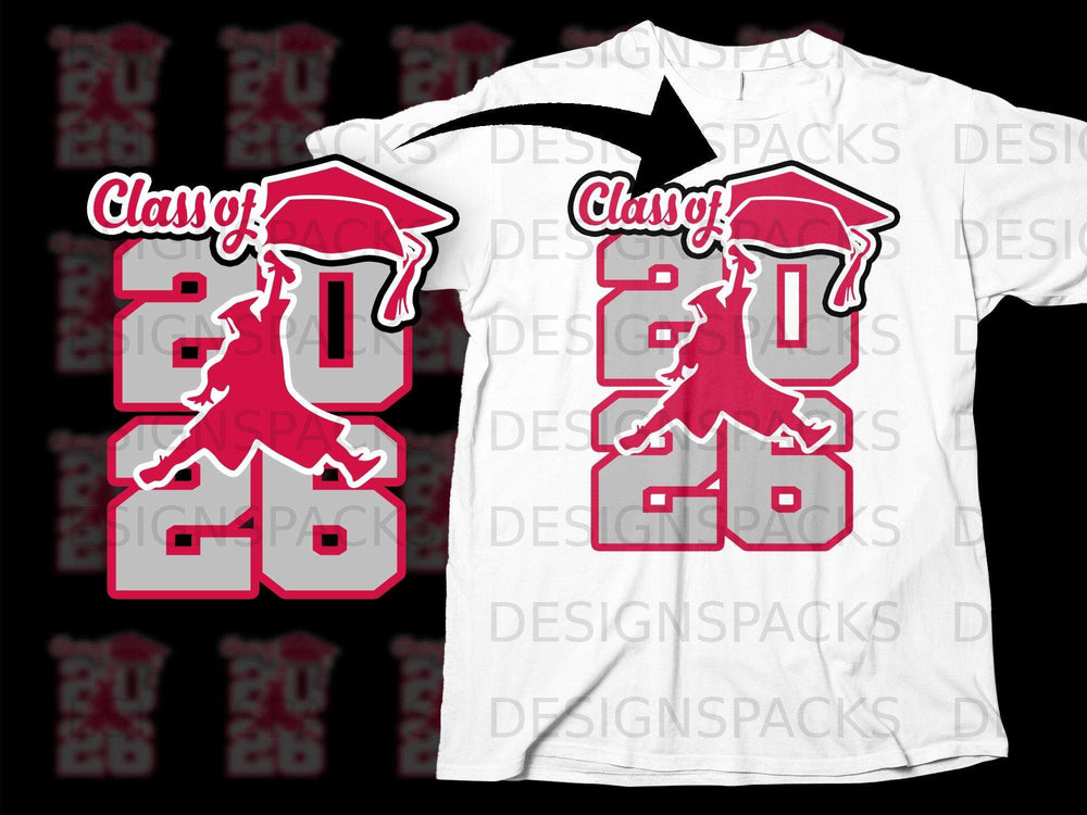 "Class of 2026" graphic with graduation cap and silhouette on a white t-shirt.