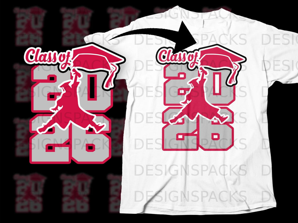 "Class of 2026" graphic with graduation cap and silhouette on a white t-shirt.