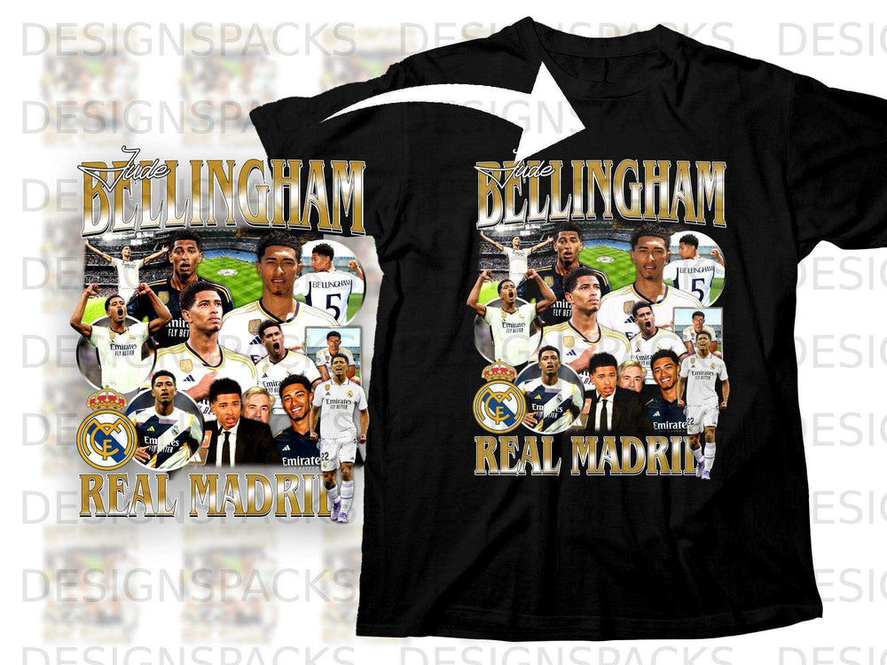 Jude Bellingham Real Madrid t-shirt with player collage and team name.