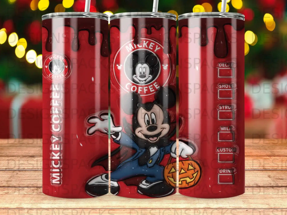 Mickey Mouse in a butler costume holding a pumpkin, with coffee shop drink options.