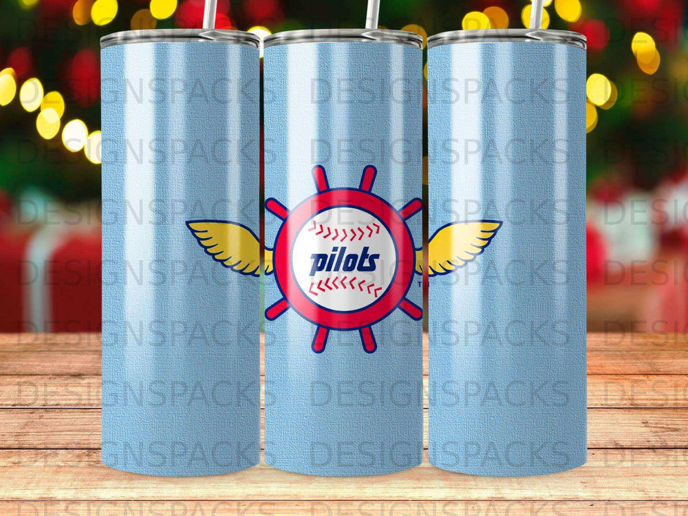 Blue tumbler with "Pilots" text and red and white logo.