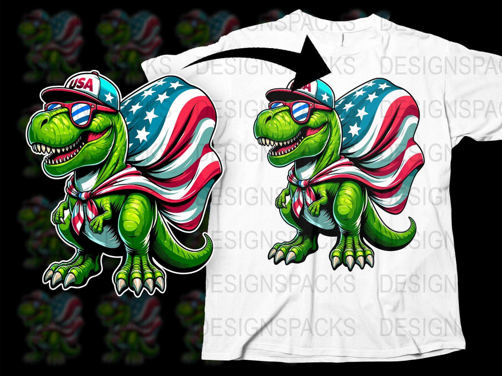 Patriotic Dinosaur T-Shirt, American Flag Cape, Sunglasses, 4th of July Graphic Tee, Cool Dino Design Shirt