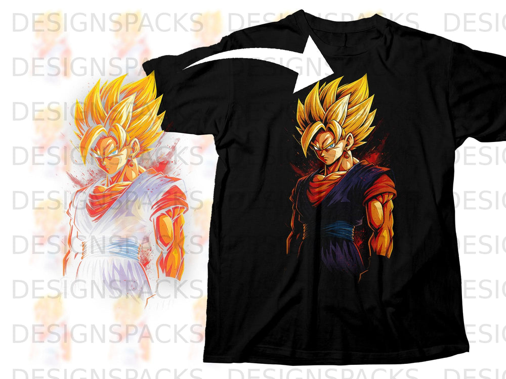 Black t-shirt featuring a dynamic, spiky-haired anime character with glowing eyes.