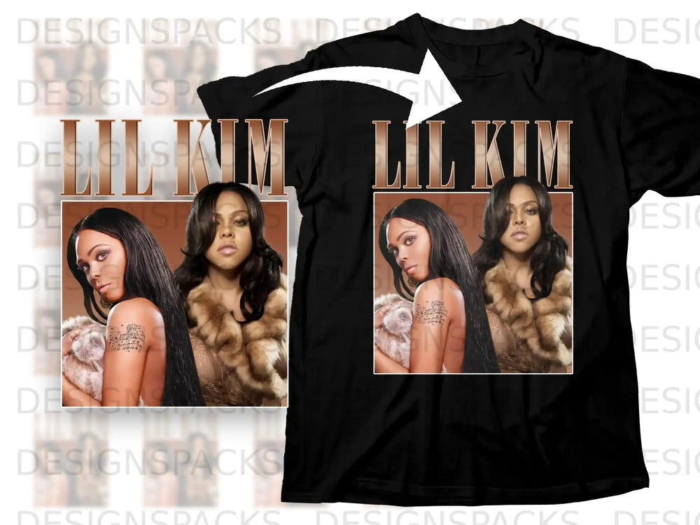 Lil' Kim in fur coat and jewelry, two portraits on black t-shirt.