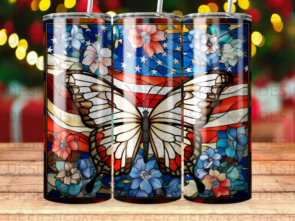 Stained glass butterfly and flowers on American flag pattern tumbler.